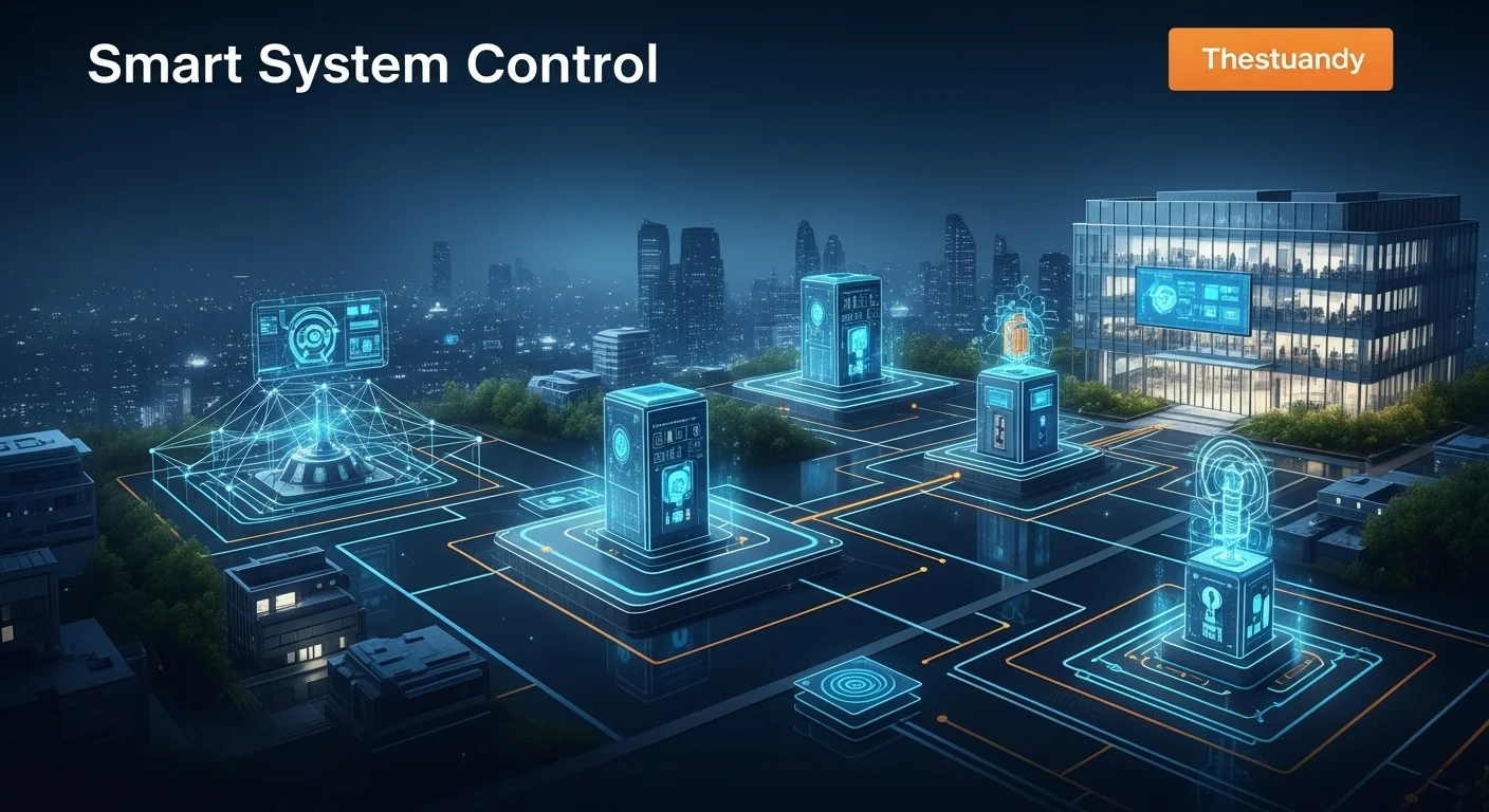 Modern technology landscape with business elements and tech solutions for Smart System Control