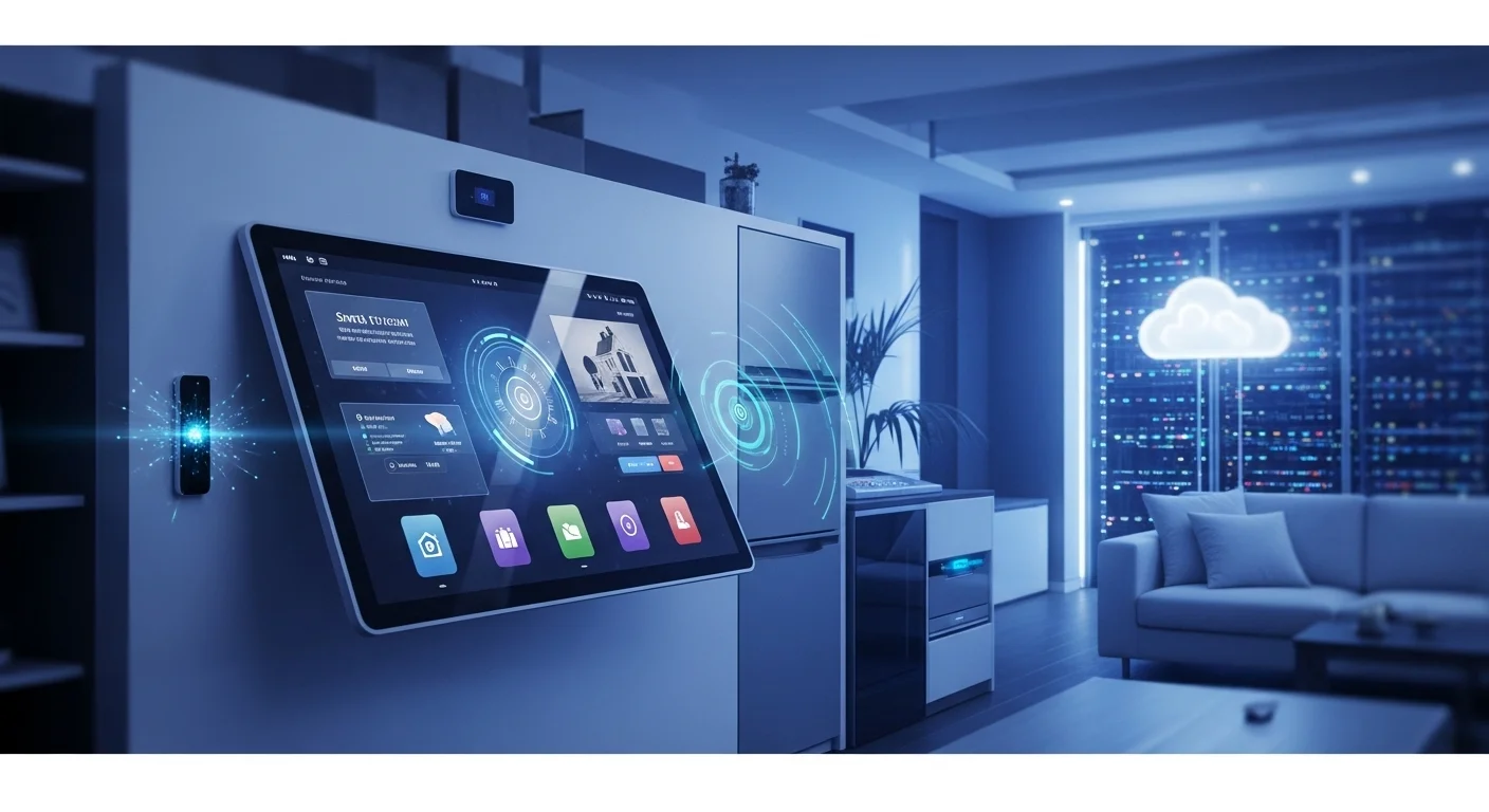 Modern technology landscape with business elements and tech solutions for Smart System Home
