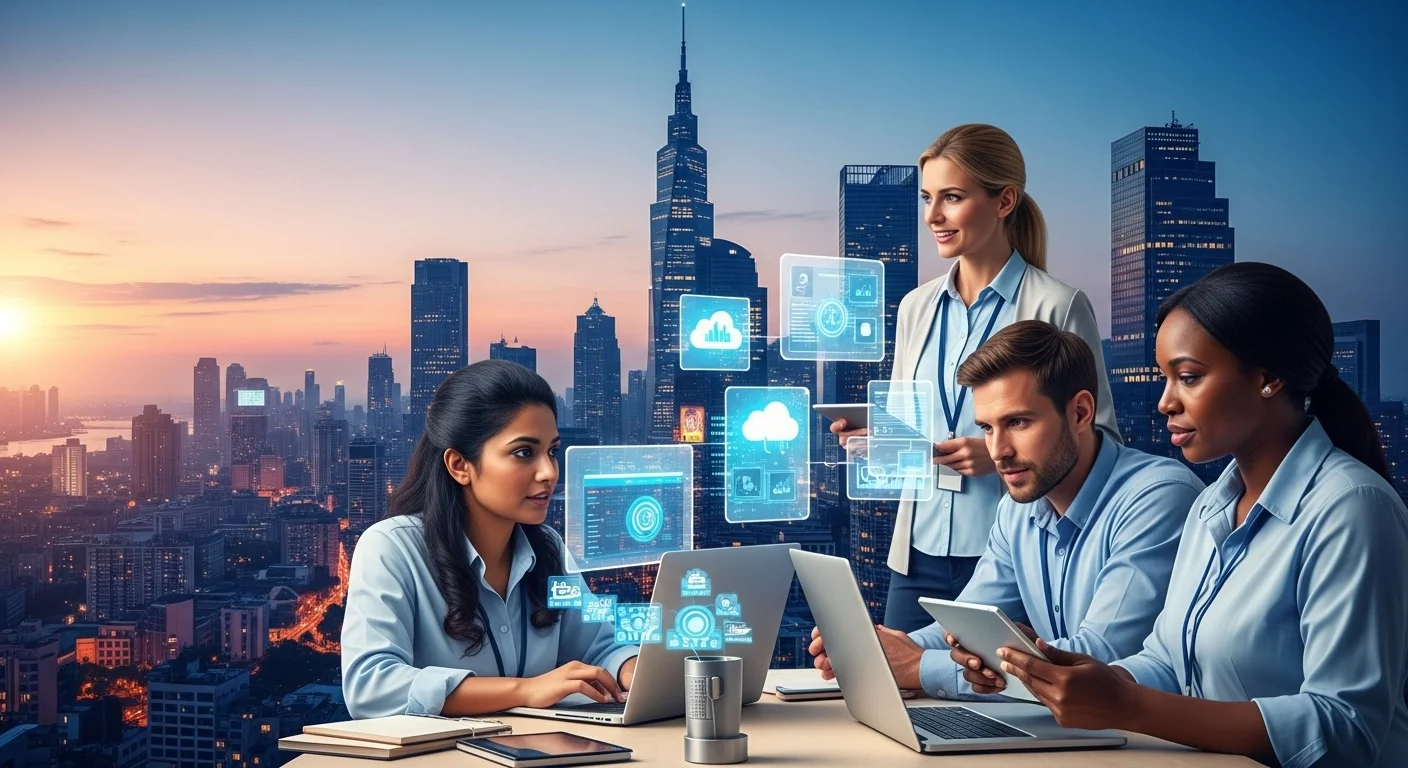 Modern technology landscape with business elements and tech solutions for Software Examples