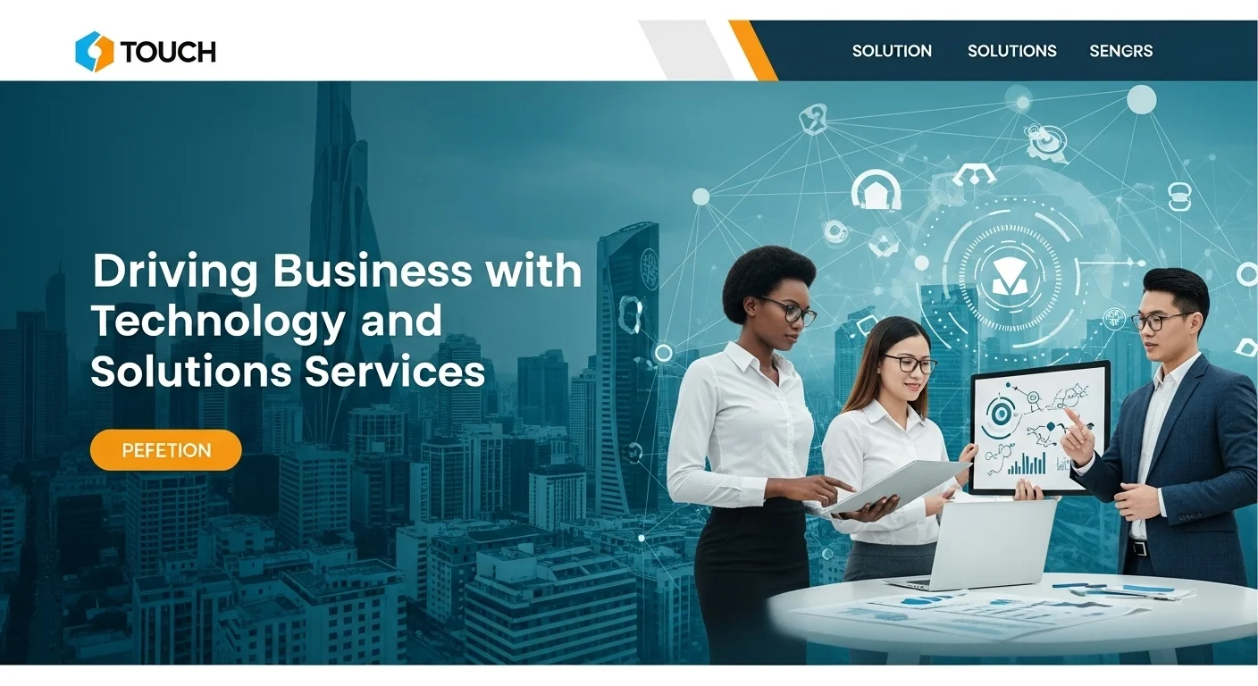 Modern technology landscape with business elements and tech solutions for Solutions Services