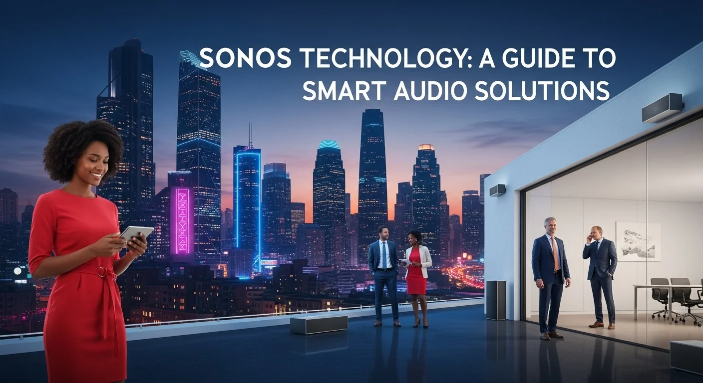 Modern technology landscape with business elements and tech solutions for Sonos