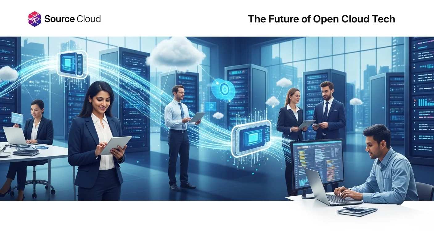 Modern technology landscape with business elements and tech solutions for Source Cloud