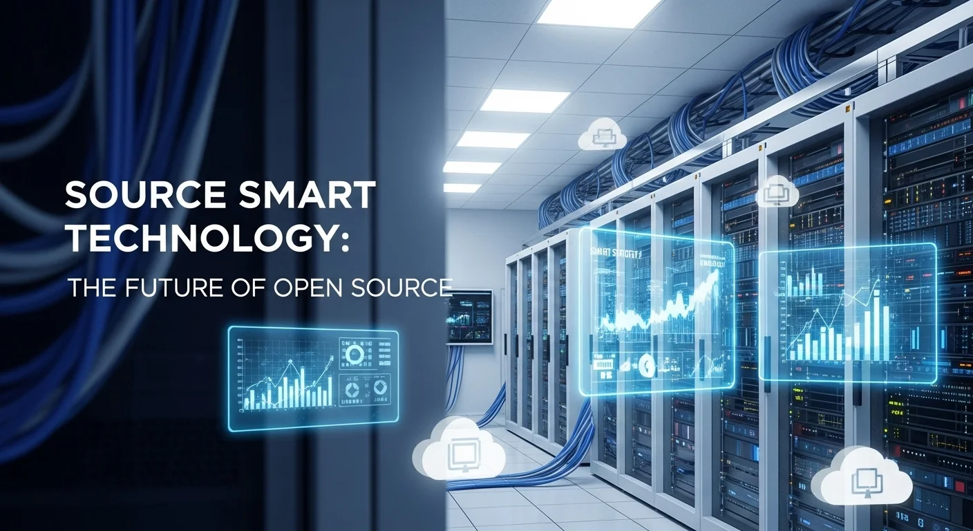 Modern technology landscape with business elements and tech solutions for Source Smart