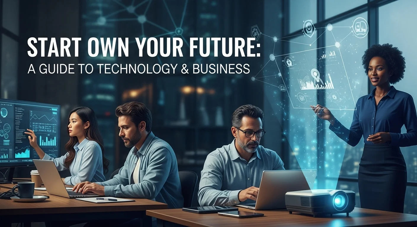 Modern technology landscape with business elements and tech solutions for Start Own