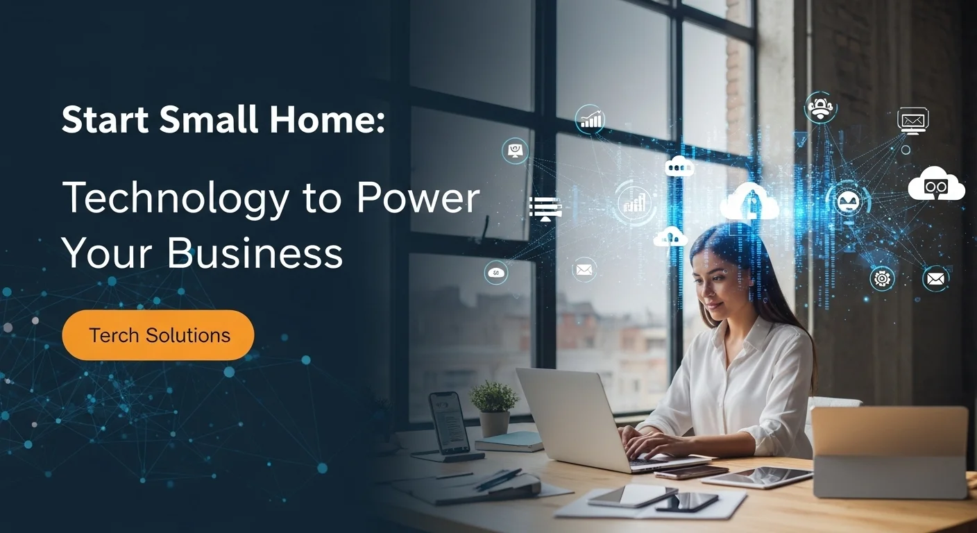 Modern technology landscape with business elements and tech solutions for Start Small Home