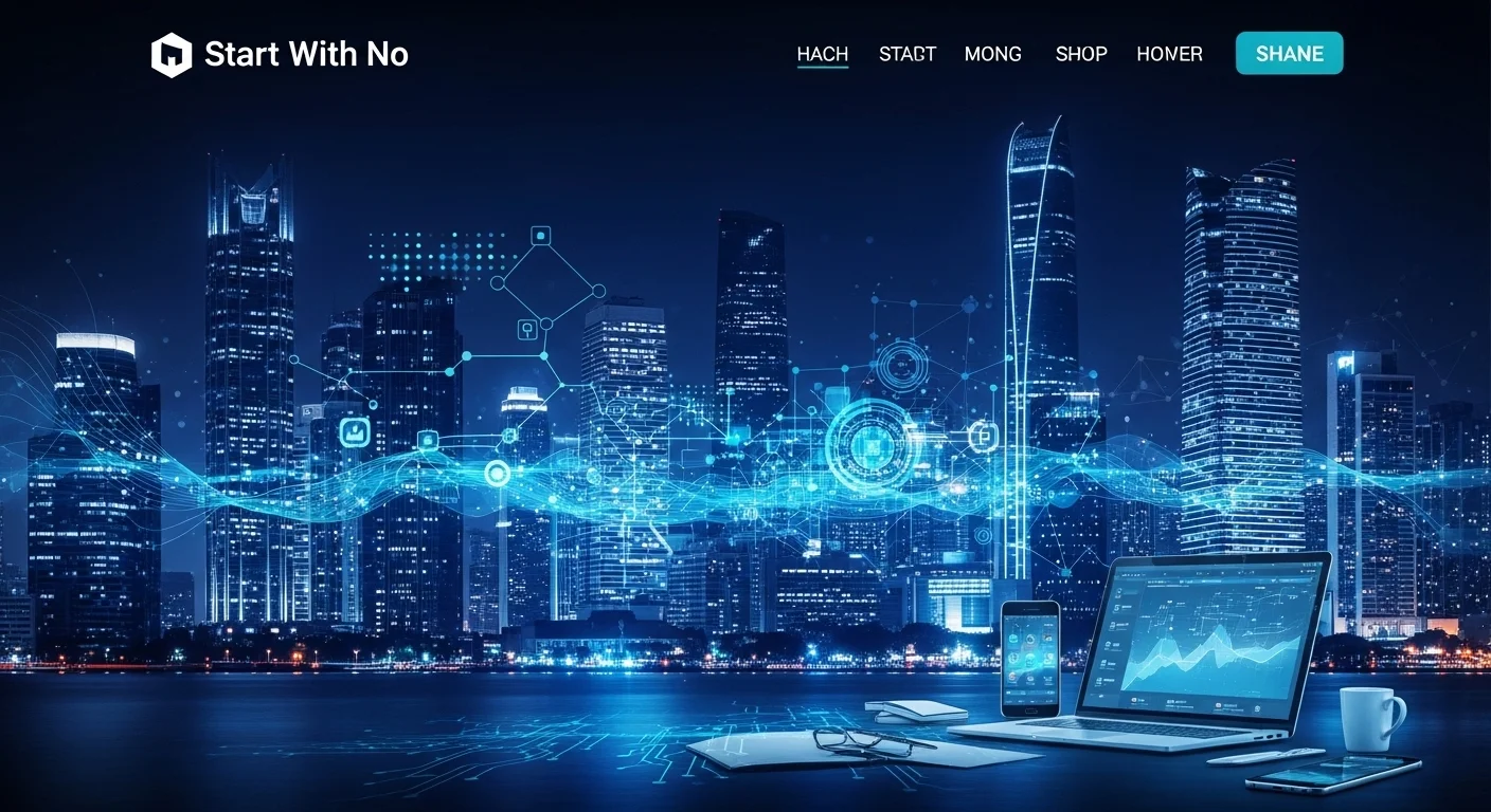 Modern technology landscape with business elements and tech solutions for Start With No