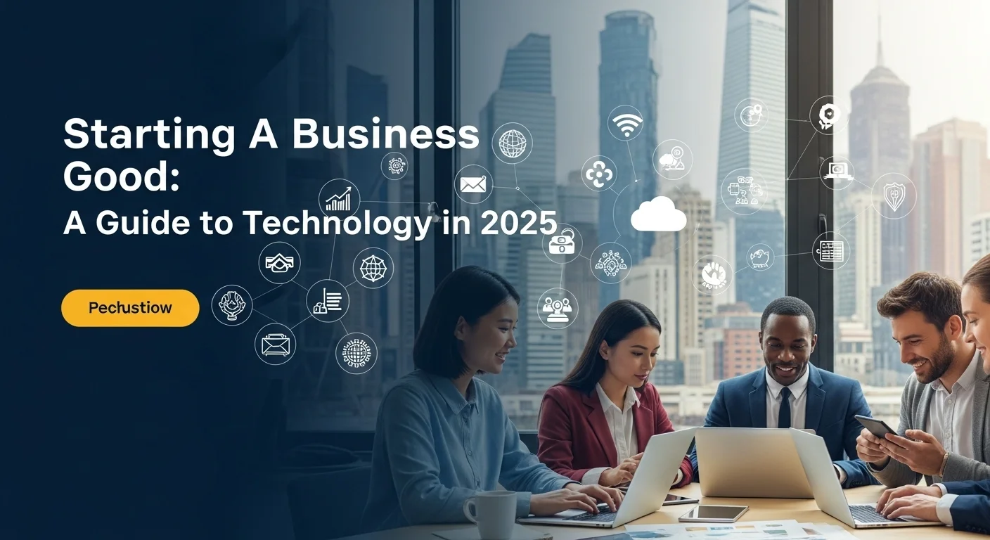 Modern technology landscape with business elements and tech solutions for Starting A Business Good