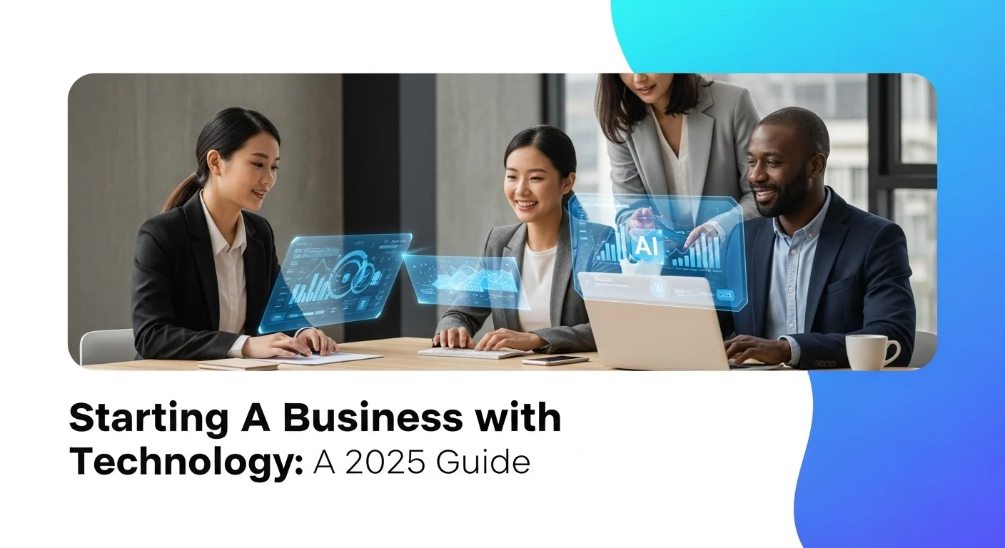Modern technology landscape with business elements and tech solutions for Starting A Business