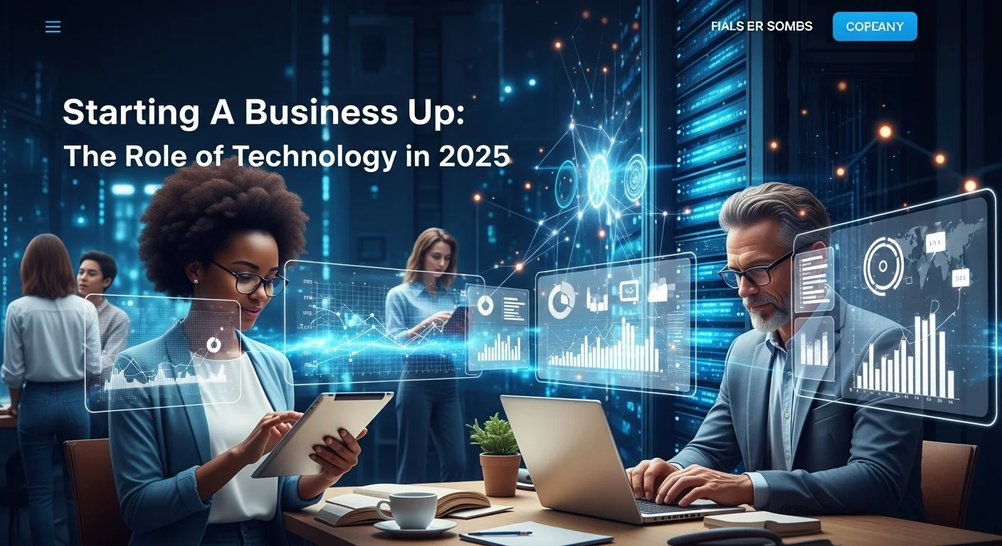 Modern technology landscape with business elements and tech solutions for Starting A Business Up