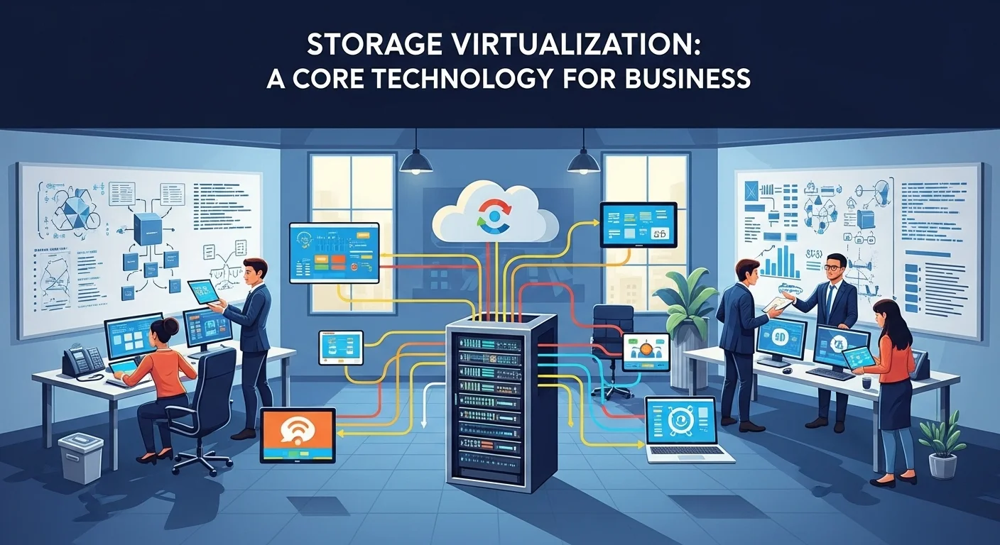 Modern technology landscape with business elements and tech solutions for Storage Virtualization
