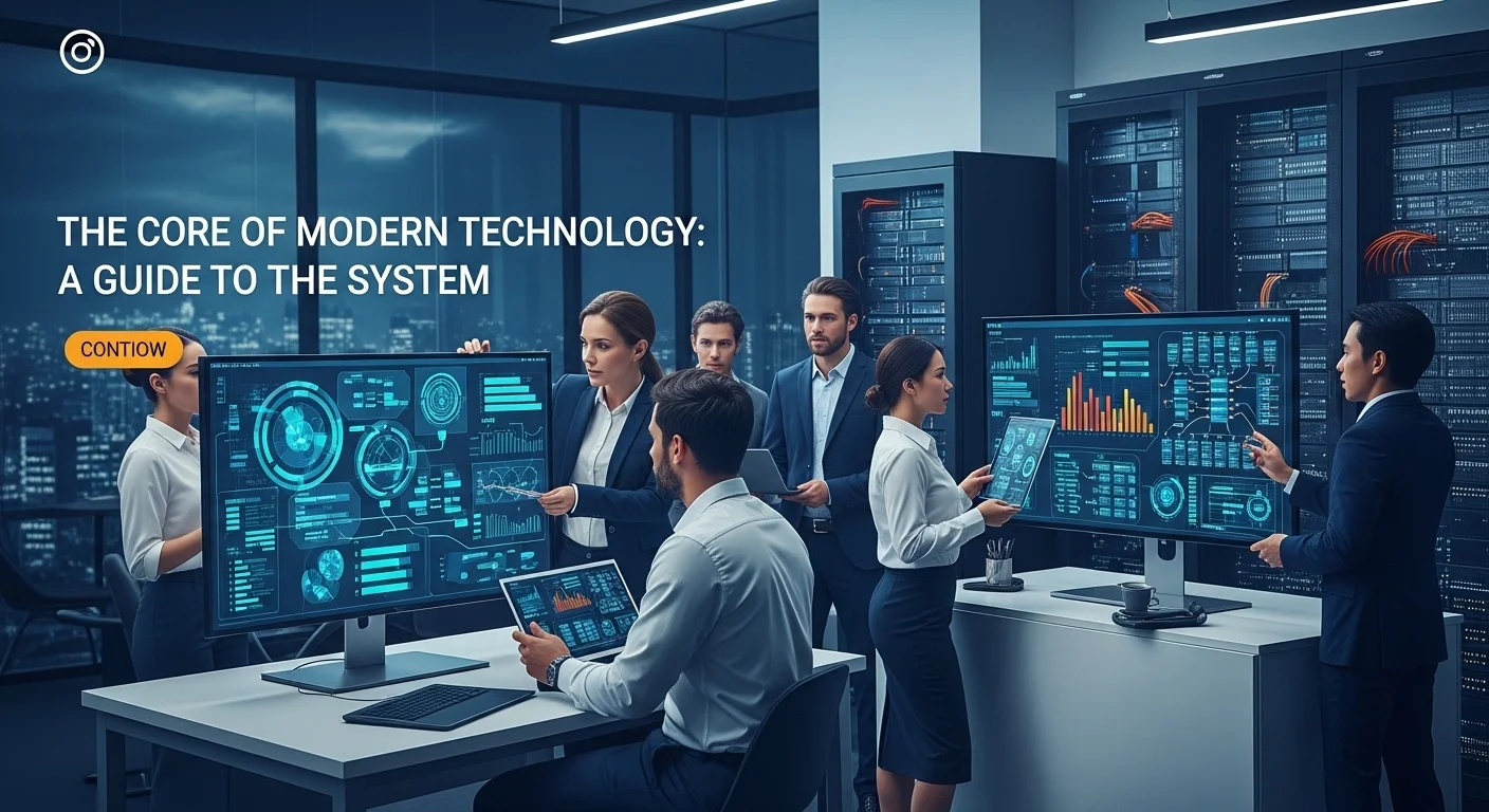 Modern technology landscape with business elements and tech solutions for System