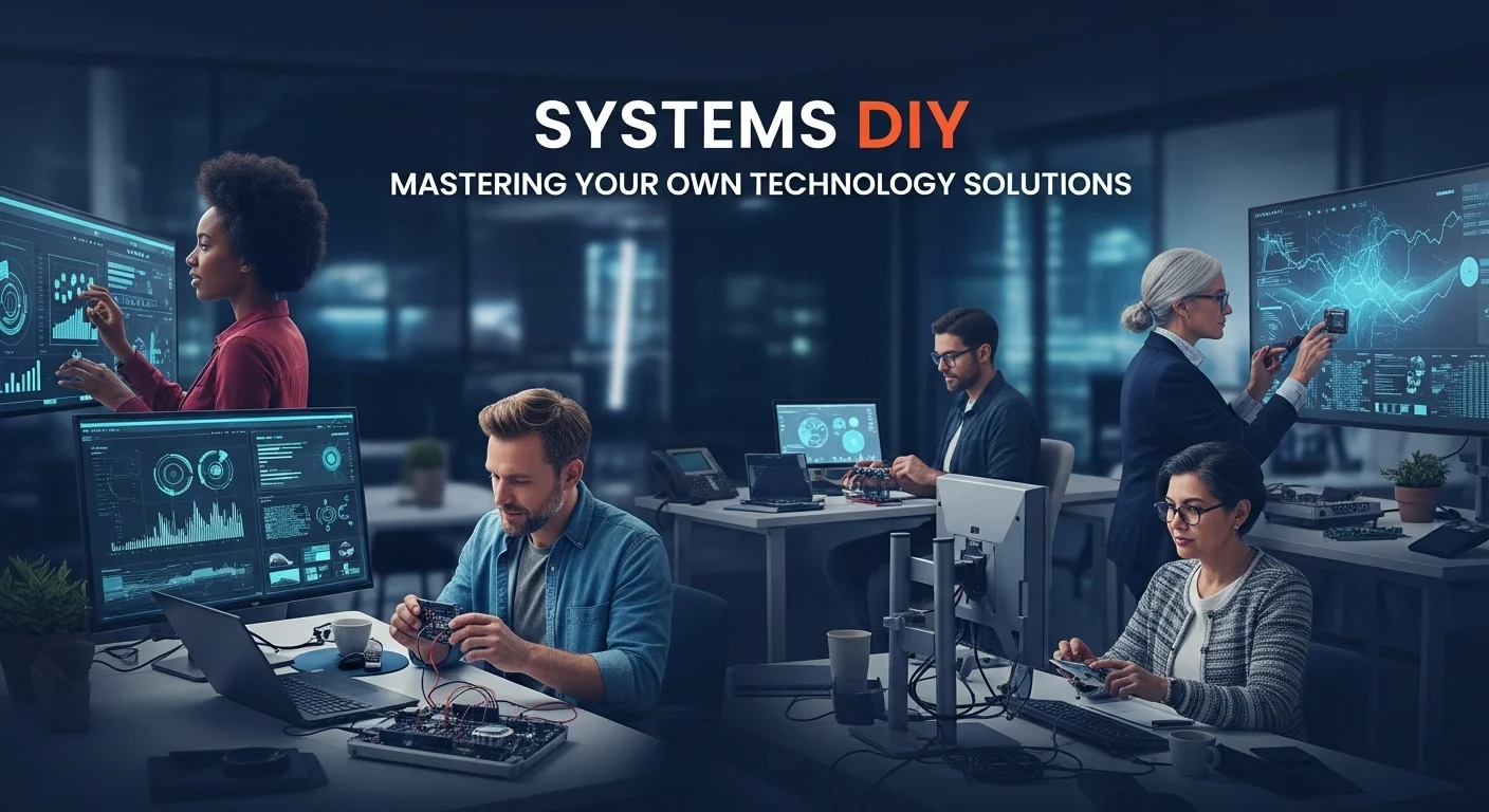 Modern technology landscape with business elements and tech solutions for Systems Diy