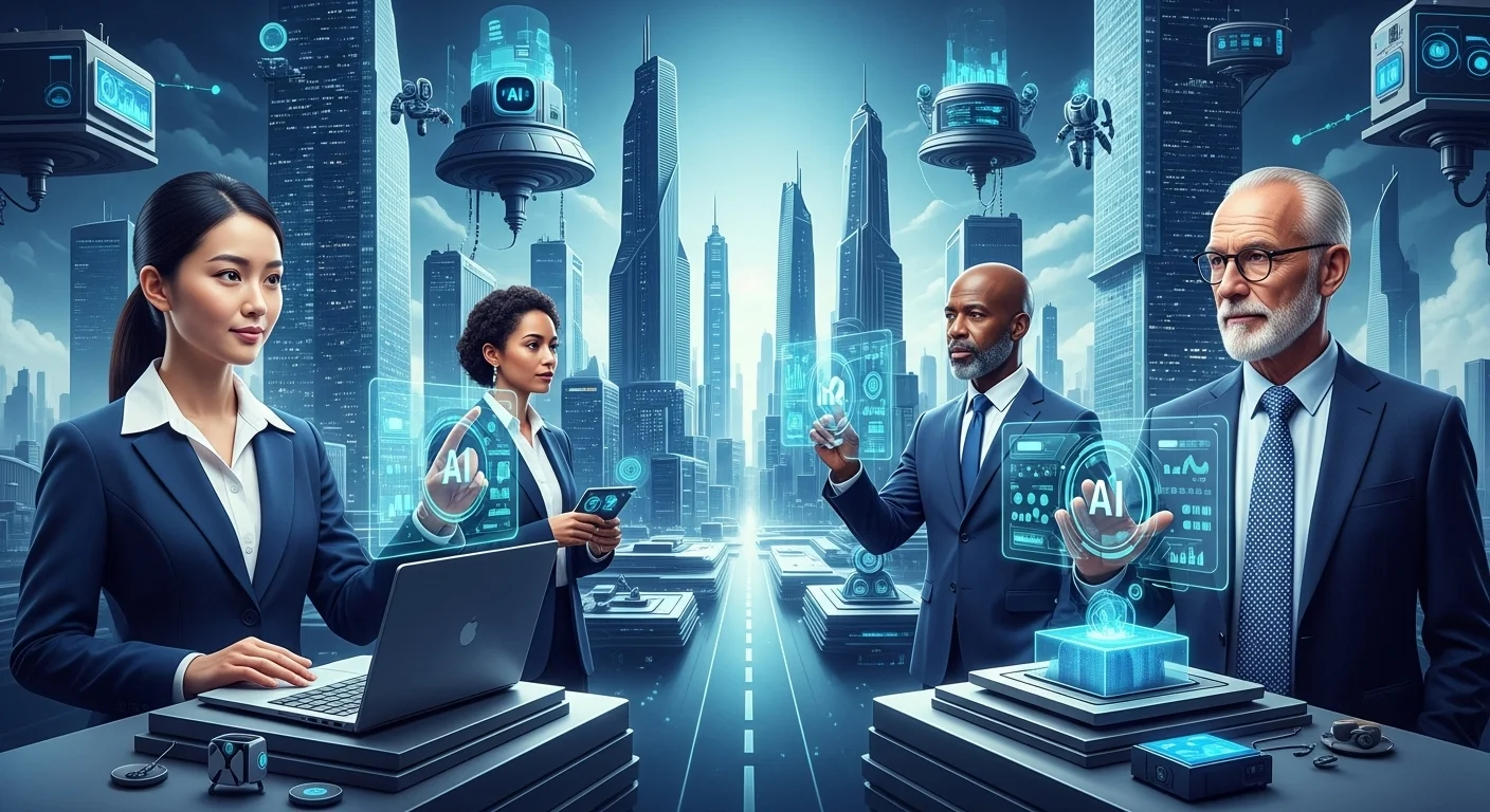 Modern technology landscape with business elements and tech solutions for Top Ai