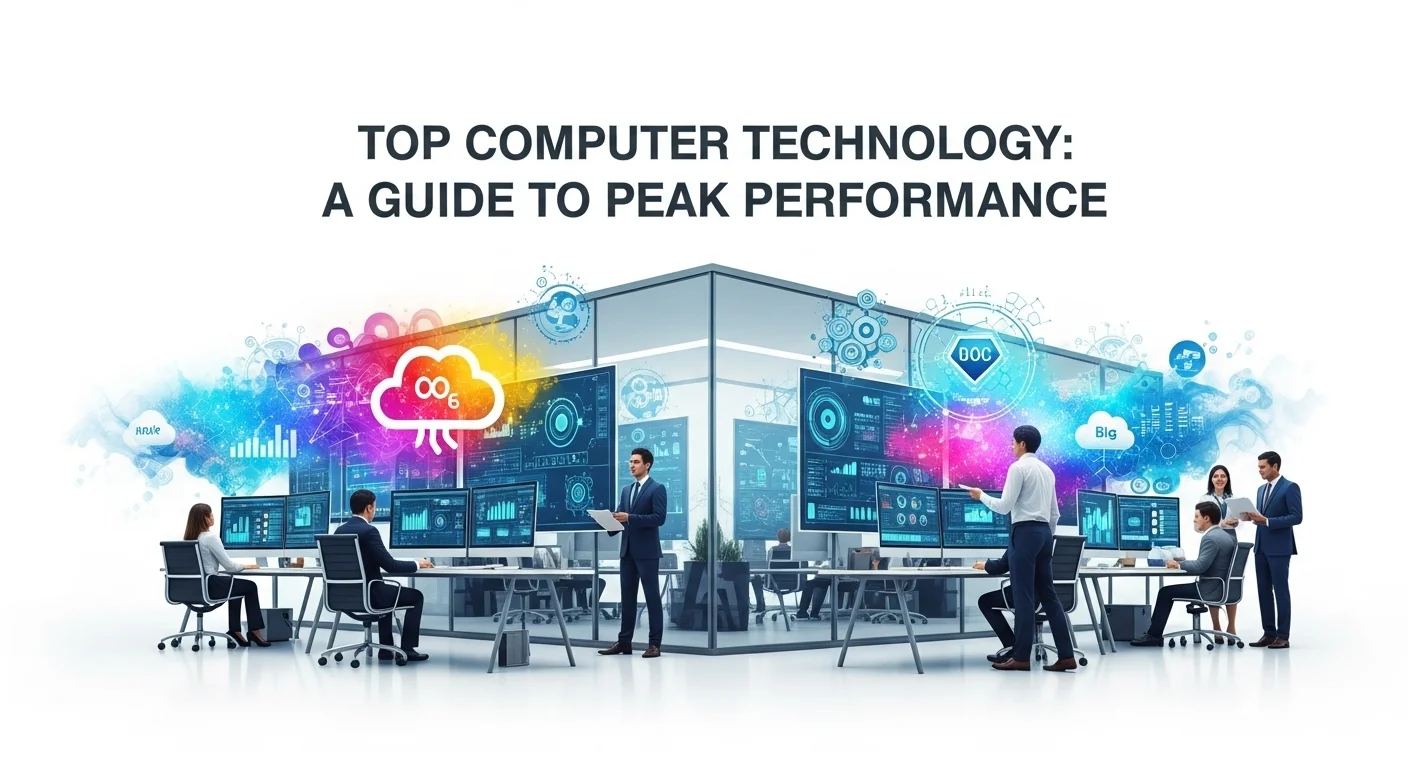 Modern technology landscape with business elements and tech solutions for Top Computer