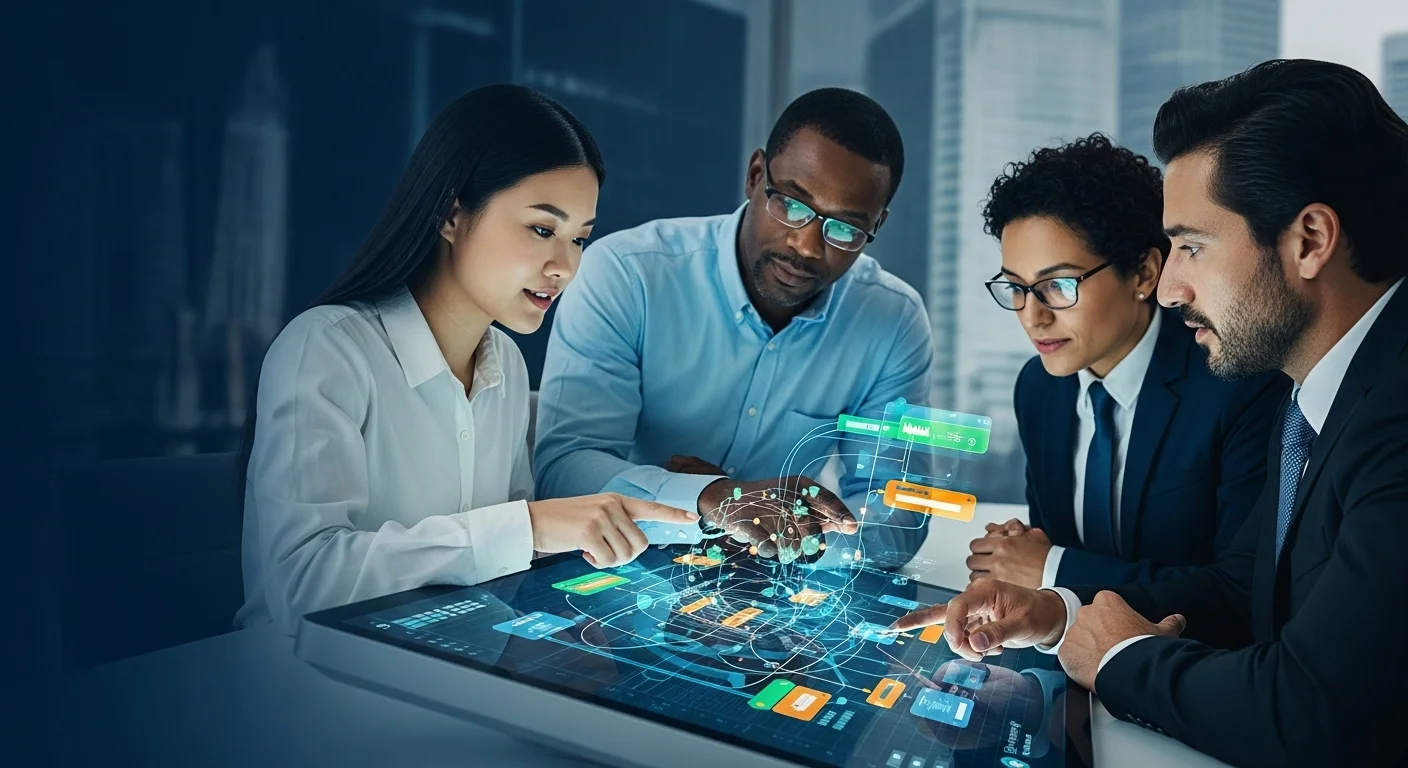 Modern technology landscape with business elements and tech solutions for Top Machine