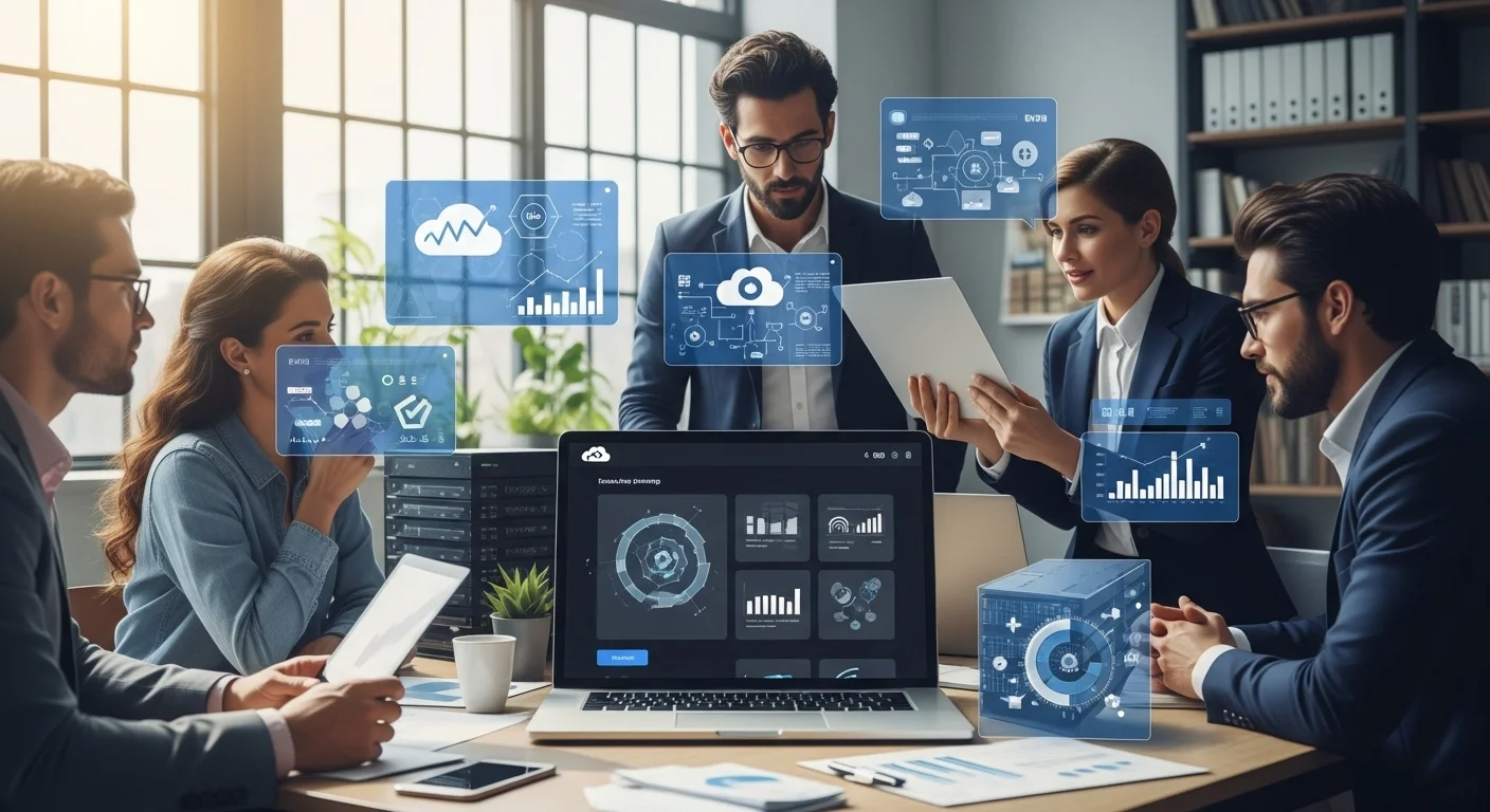 Modern technology landscape with business elements and tech solutions for Top Small