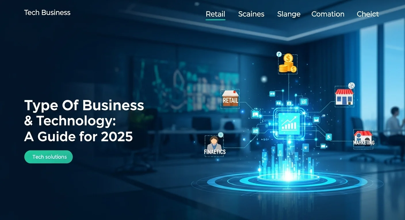 Modern technology landscape with business elements and tech solutions for Type Of Business