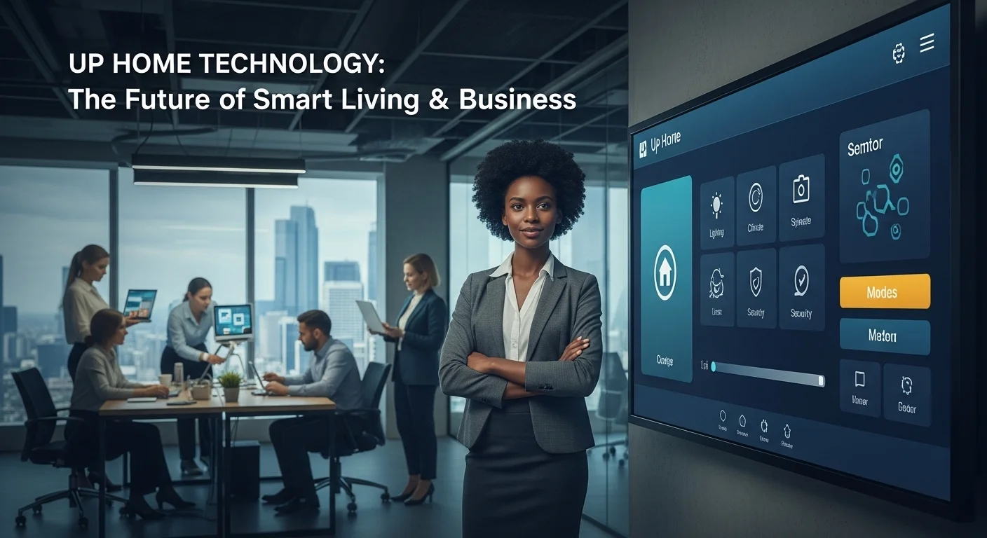 Modern technology landscape with business elements and tech solutions for Up Home