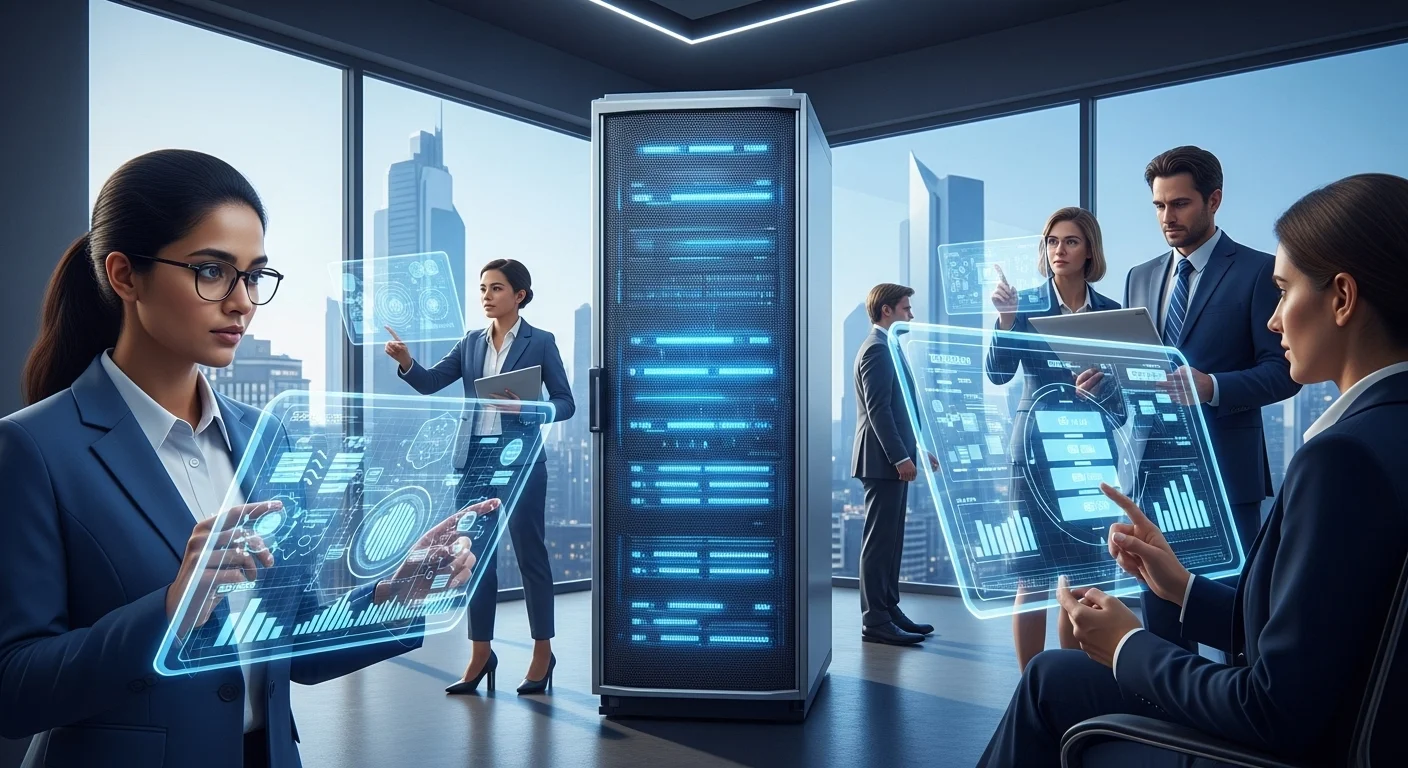 Modern technology landscape with business elements and tech solutions for Virtual Server