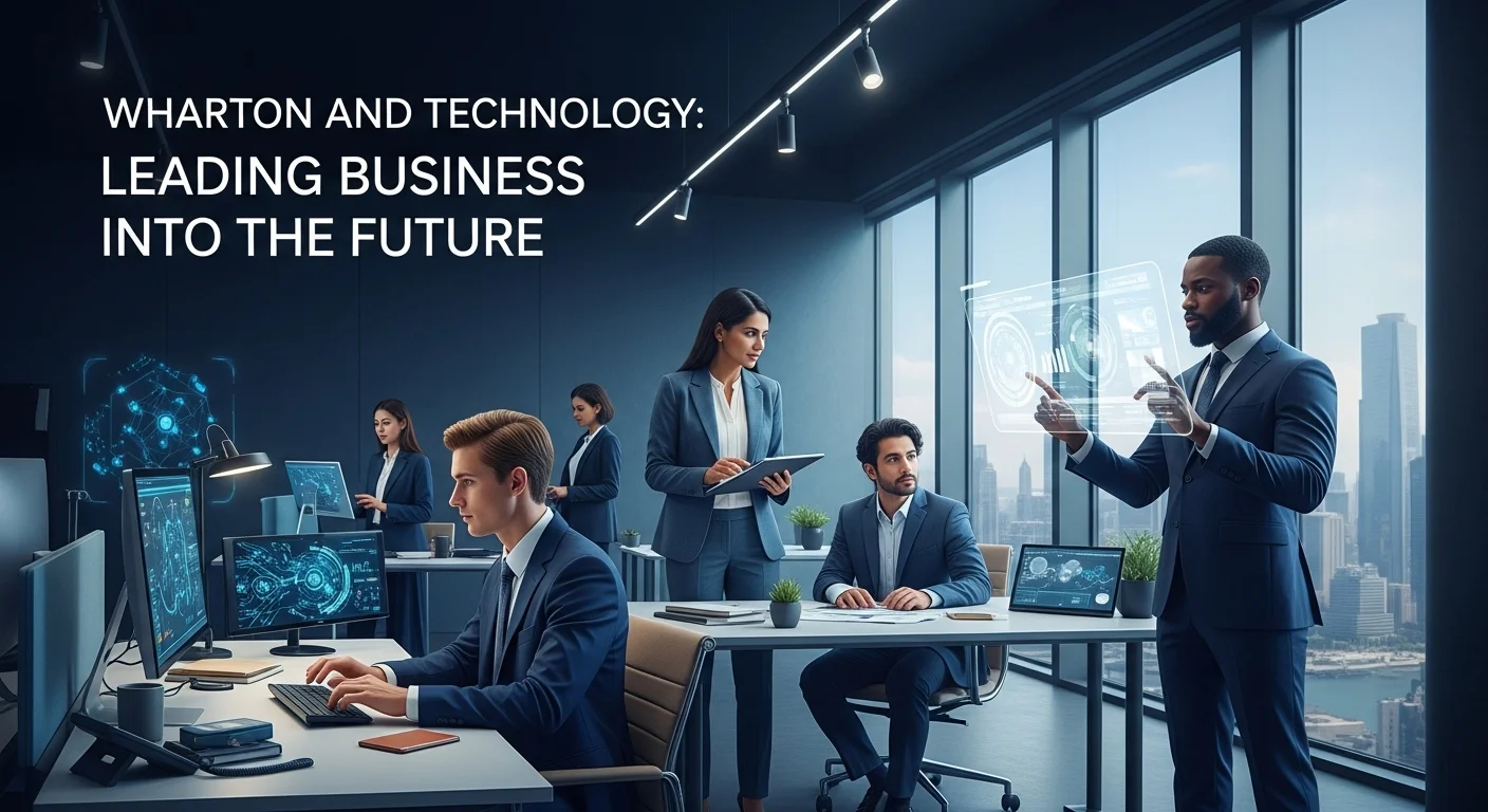 Modern technology landscape with business elements and tech solutions for Wharton