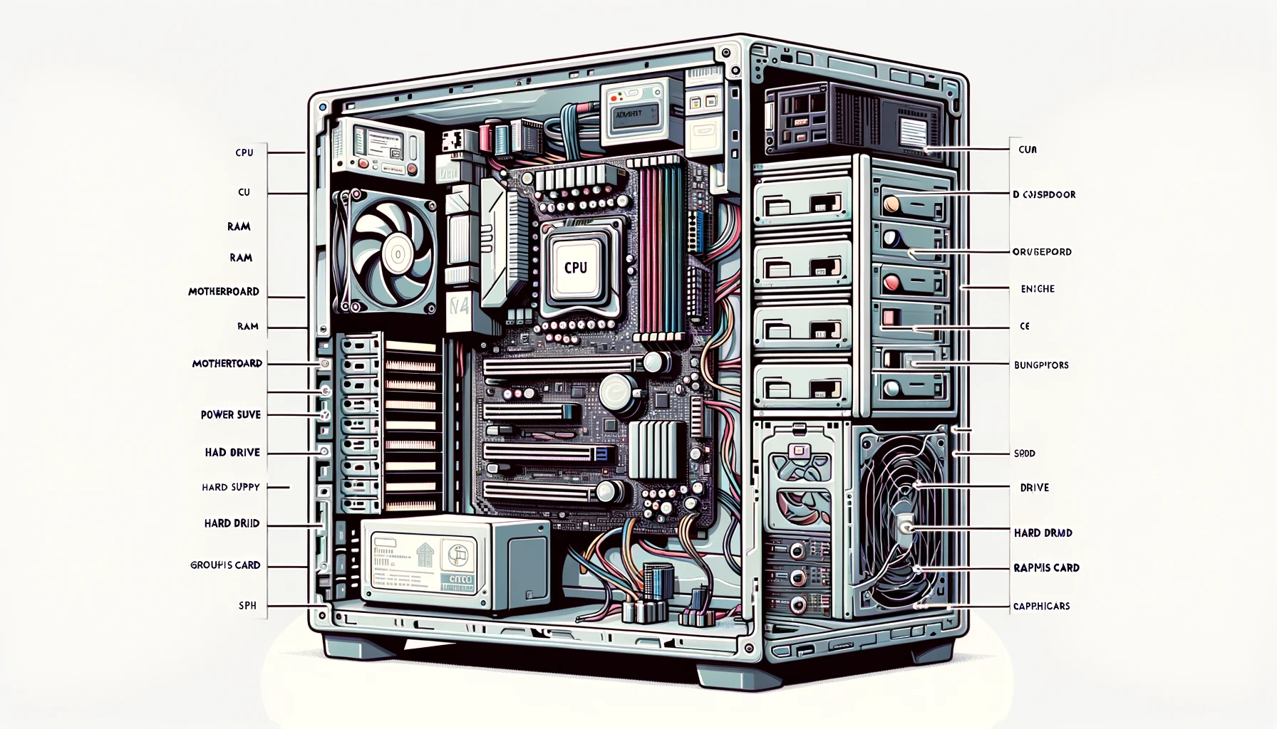 Ilustração de componentes internos de um computador, incluindo CPU, RAM, SSD, e placa-mãe, todos claramente rotulados.