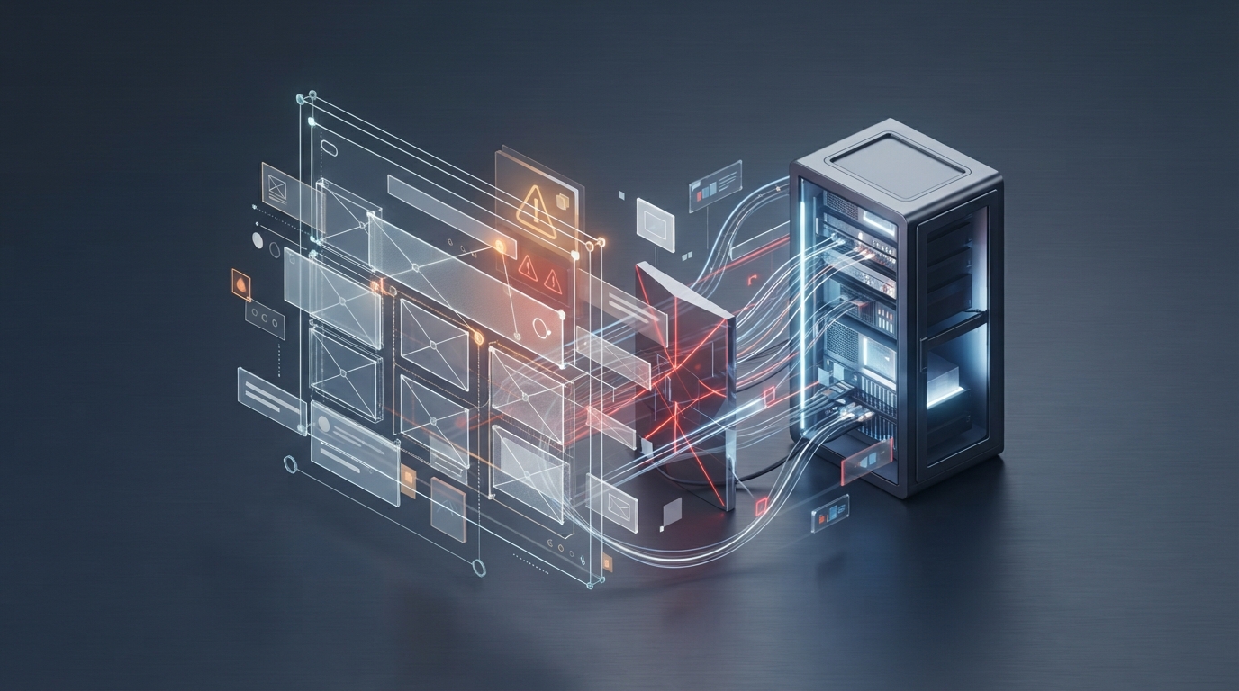 Abstract digital illustration representing a server interruption during a website page building and saving process.