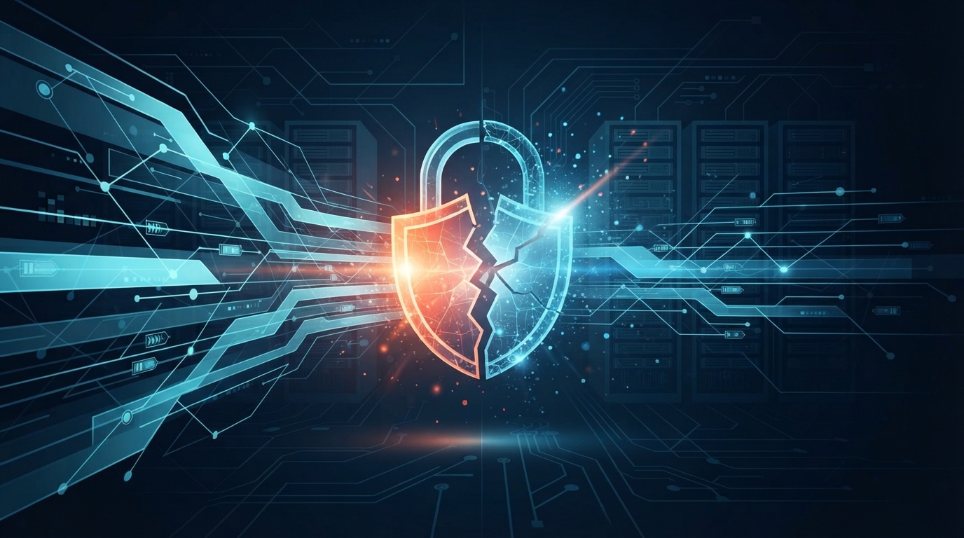 Abstract digital graphic illustrating a broken cryptographic handshake and secure network connection barrier.