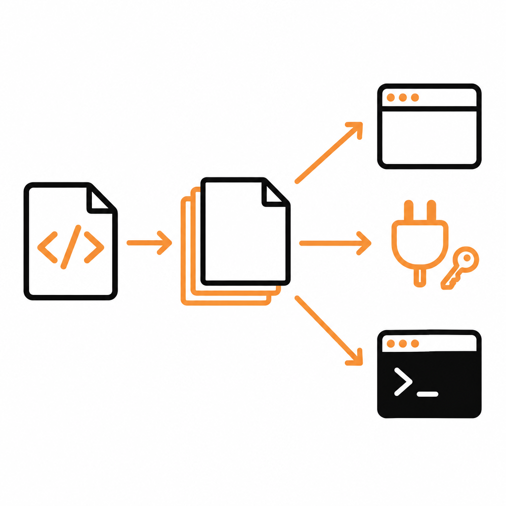 Diagram showing one API source producing a docs site, a hosted MCP server with OAuth sign-in and a terminal CLI, all updated together when docs are published