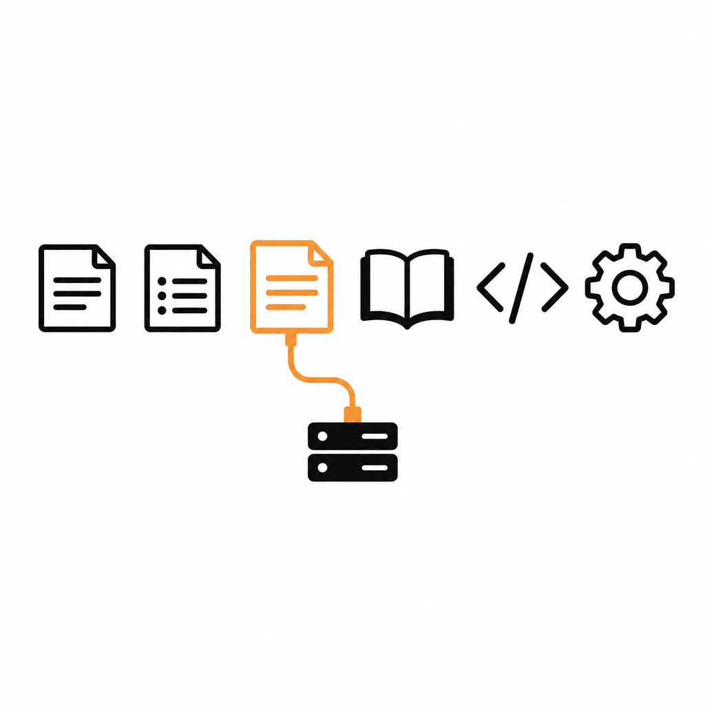 Documentation tool icons in a row, one docs page linked to an API server
