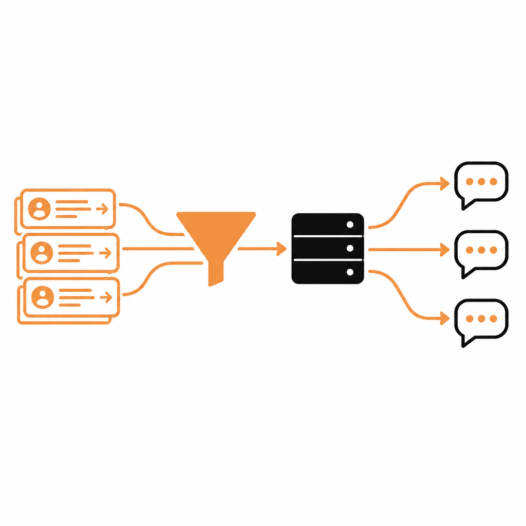 A Postman-style request list flowing into an MCP server box connected to three AI assistant chat windows
