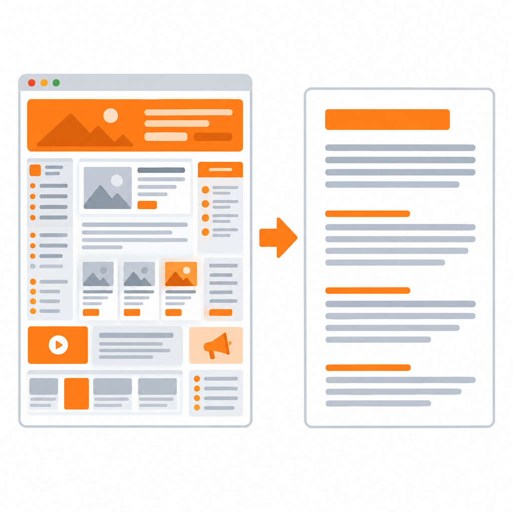 A cluttered webpage turning into a clean Markdown document
