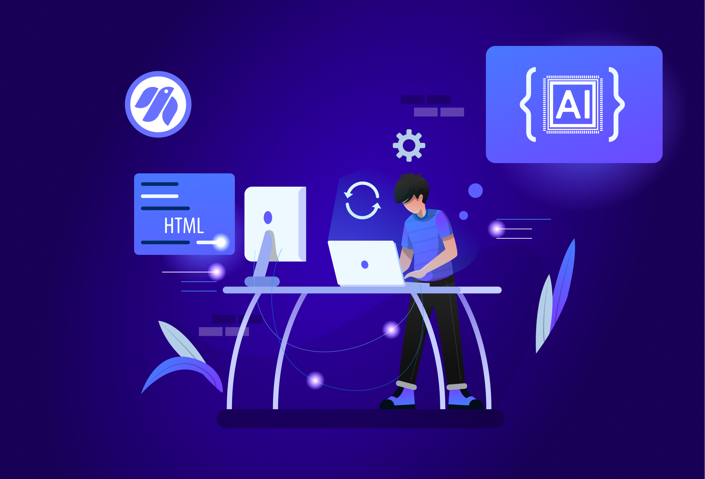 A person focused on a laptop, set against a calming blue background, illustrating a productive work environment.