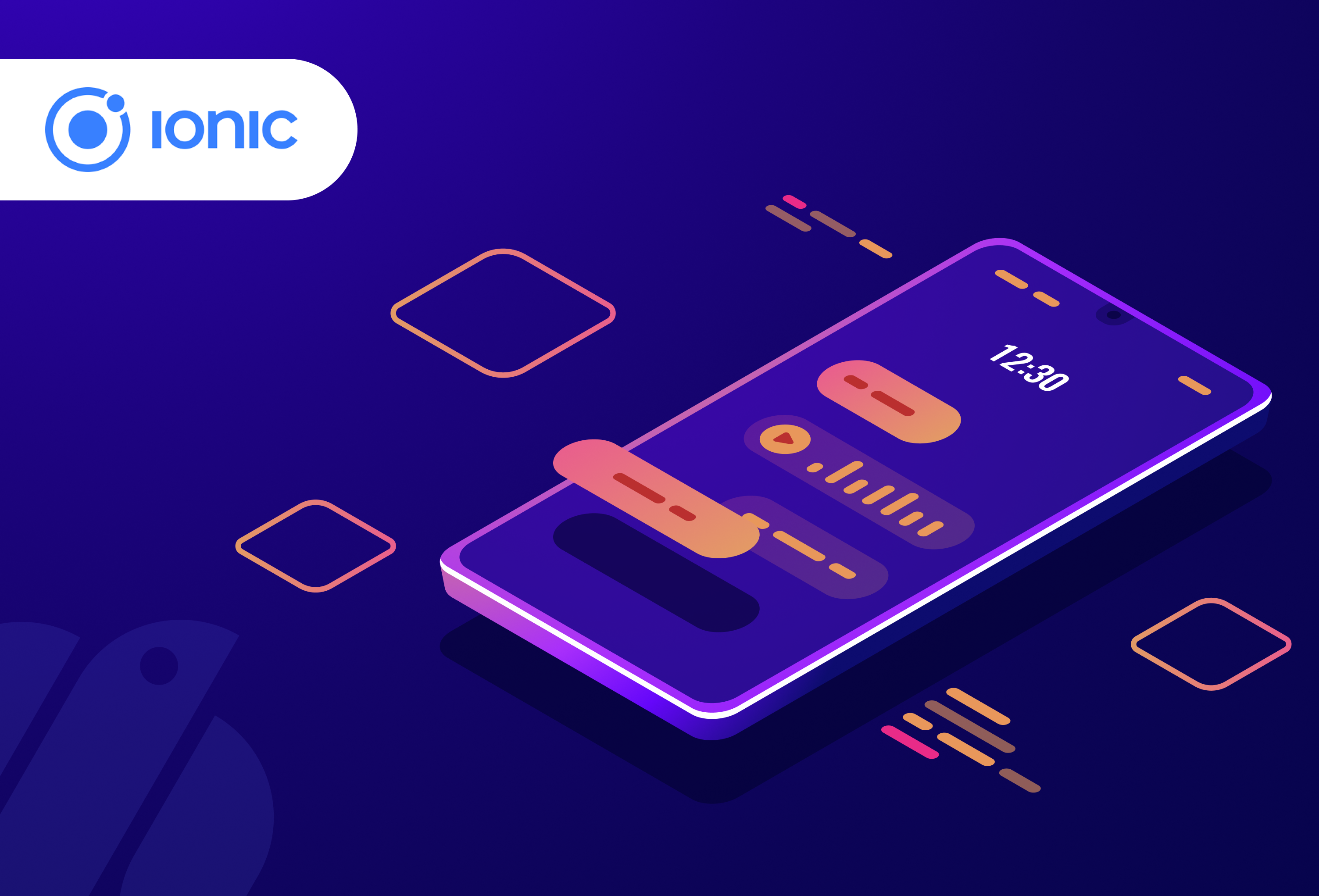 A mobile phone displaying the Ionic app interface for creating mobile apps.