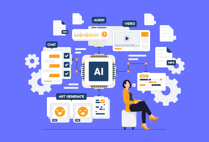 An illustration depicting AI and machine learning technologies integrated into enterprise operations and workflows.