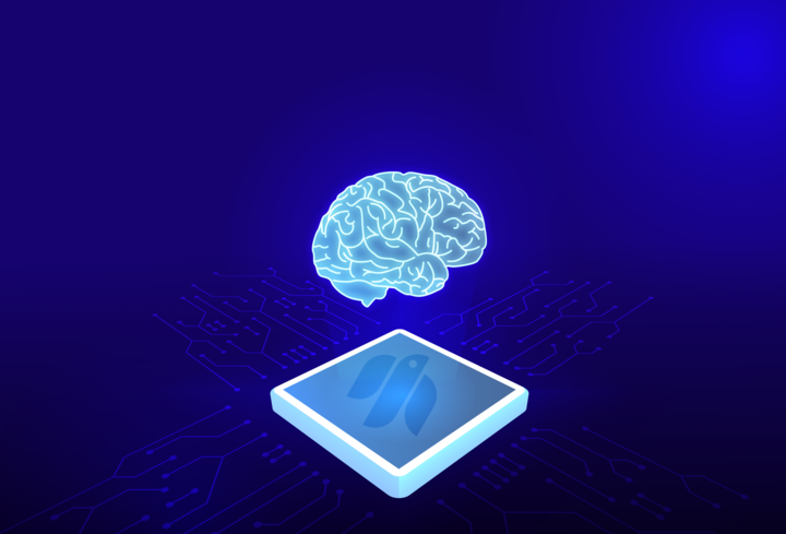 Illustration of a glowing brain above a microchip on a blue background with abstract circuit patterns.