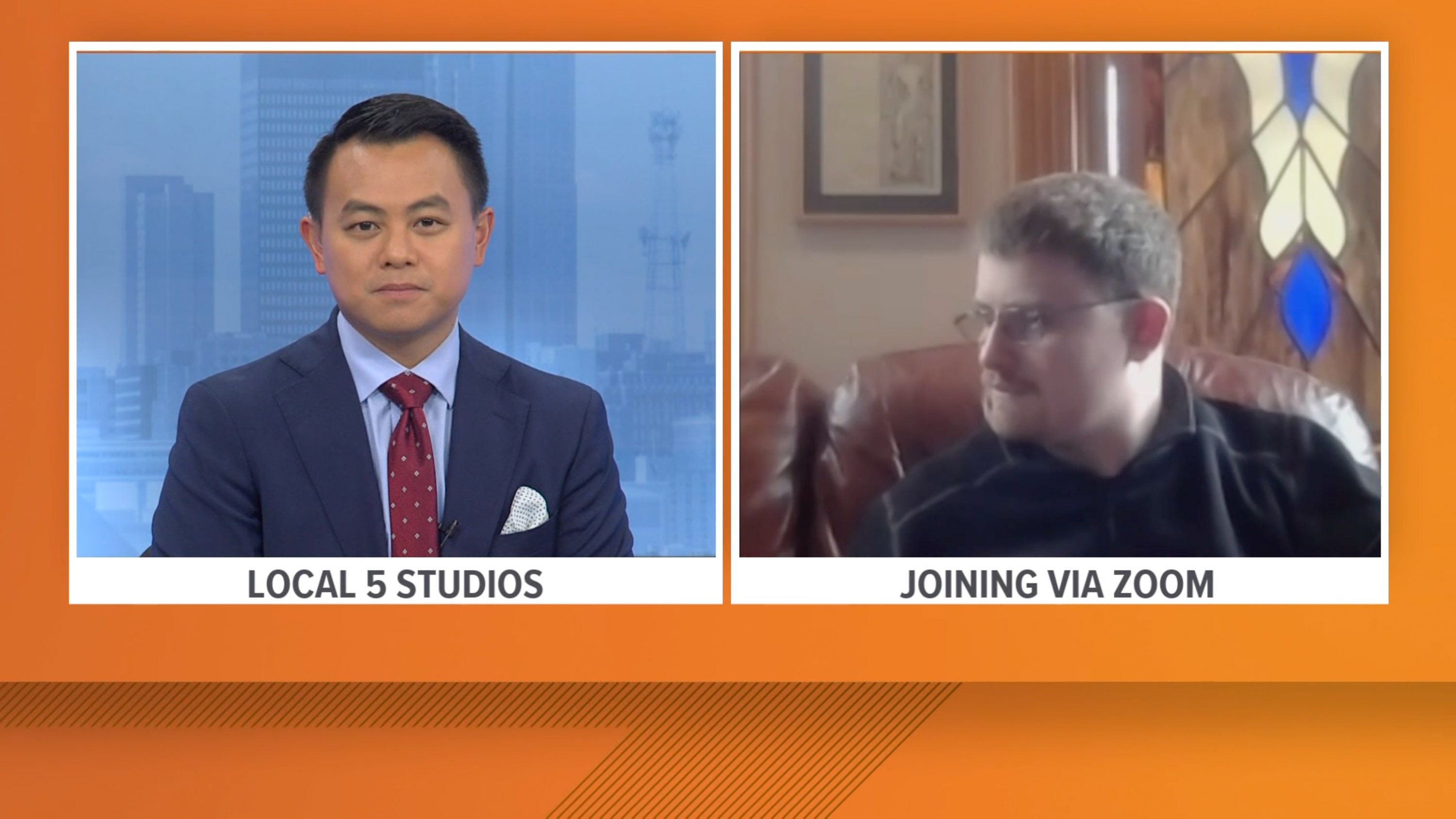 captura de pantalla de una entrevista de televisión. En la parte izquierda del marco está el presentador de Local 5 Studios; Savarese está en el cuadro derecho con el quirón, "Unirse a través de Zoom"