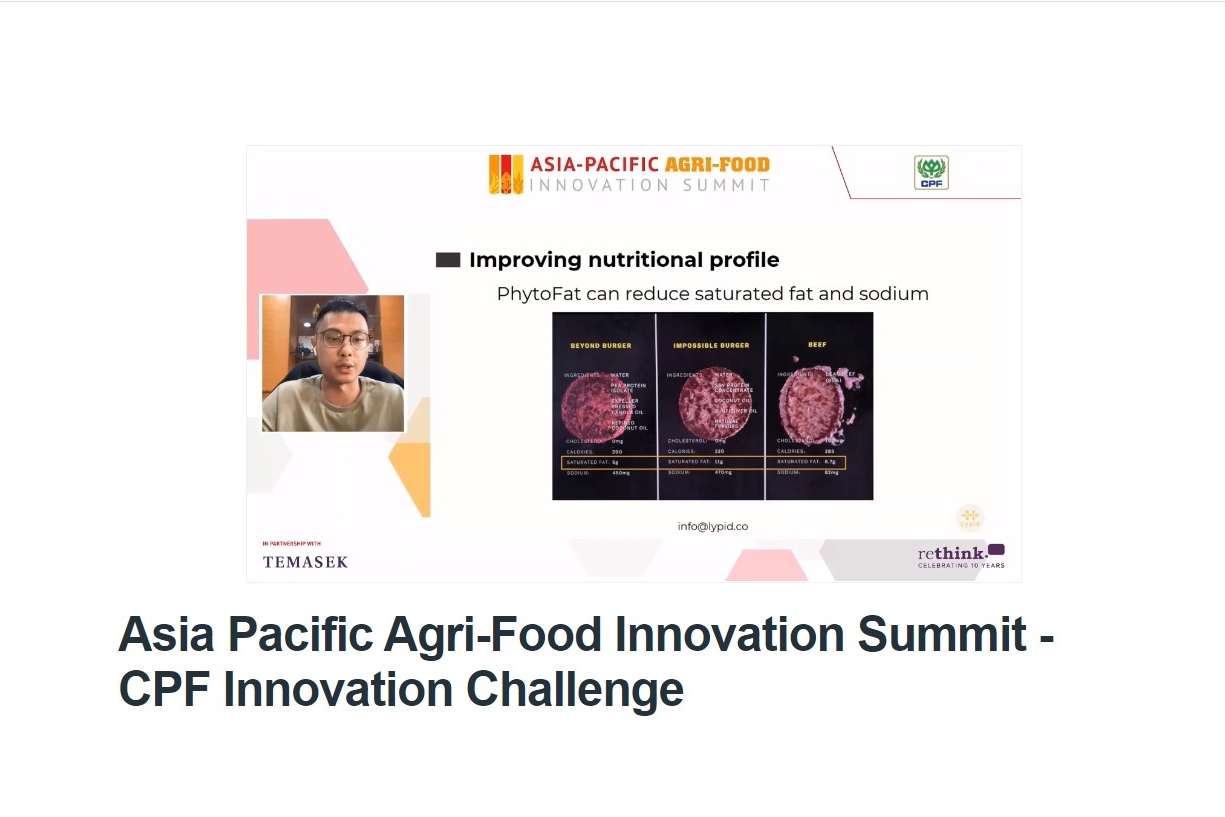 บริษัท เจริญโภคภัณฑ์อาหาร จำกัด (มหาชน) หรือ CPF ร่วมมือกับ Lypid สตาร์ทอัพด้านไขมันจากพืช (Plant based lipid) จากสหรัฐอเมริกา ทีมที่คว้ารางวัลชนะเลิศจากการประกวดนวัตกรรมสินค้าเกษตรและอาหารในงานสัมมนาระดับนานาชาติ Asia-Pacific Agri-Food Innovation Summit พัฒนาผลิตภัณฑ์ "เนื้อจากพืช" ให้มีเนื้อสัมผัสที่เหมือนเนื้อสัตว์จริง ตอบโจทย์ความต้องการของผู้บริโภคมากยิ่งขึ้น