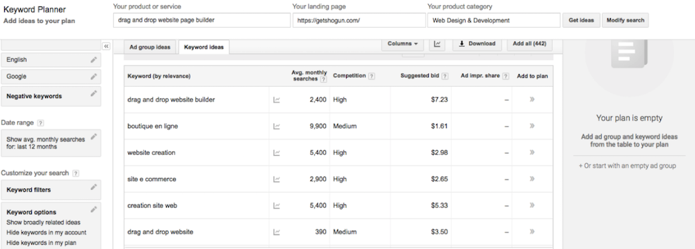 google keyword planner screen