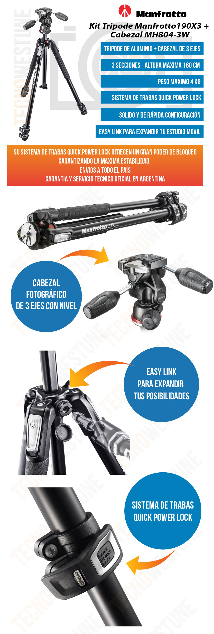 Manfrotto 190 - Trípode de aluminio de 4 secciones con columna horizontal