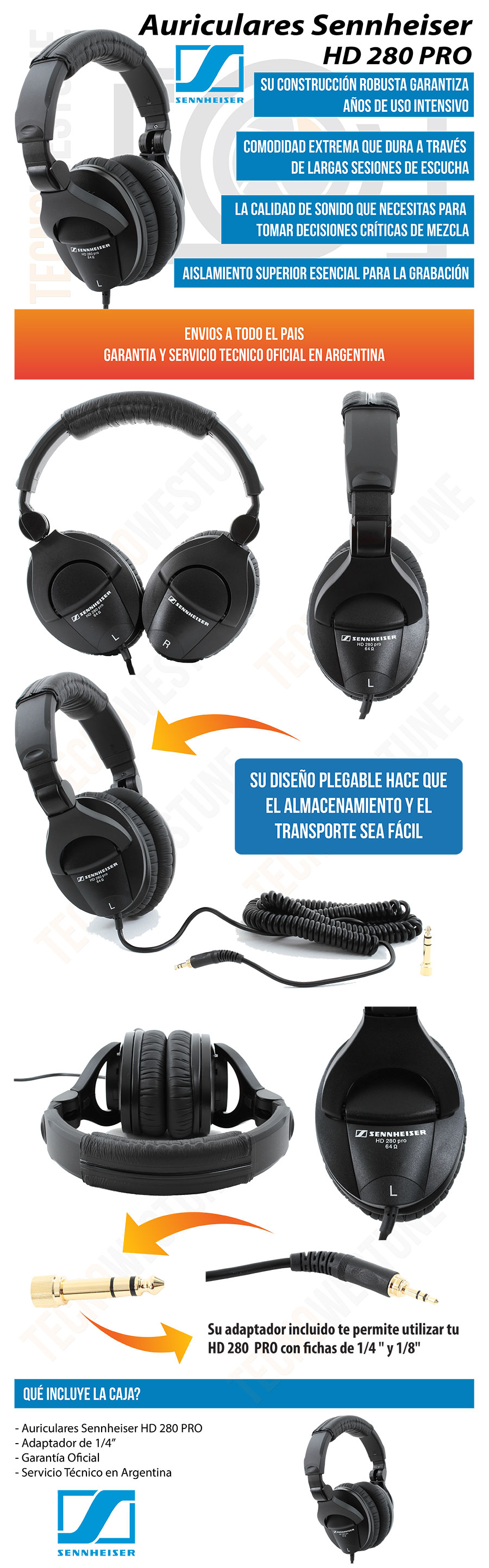  Paquete de auriculares Sennheiser HD 280 Pro con soporte y cable  de audio de 10 pies : Instrumentos Musicales