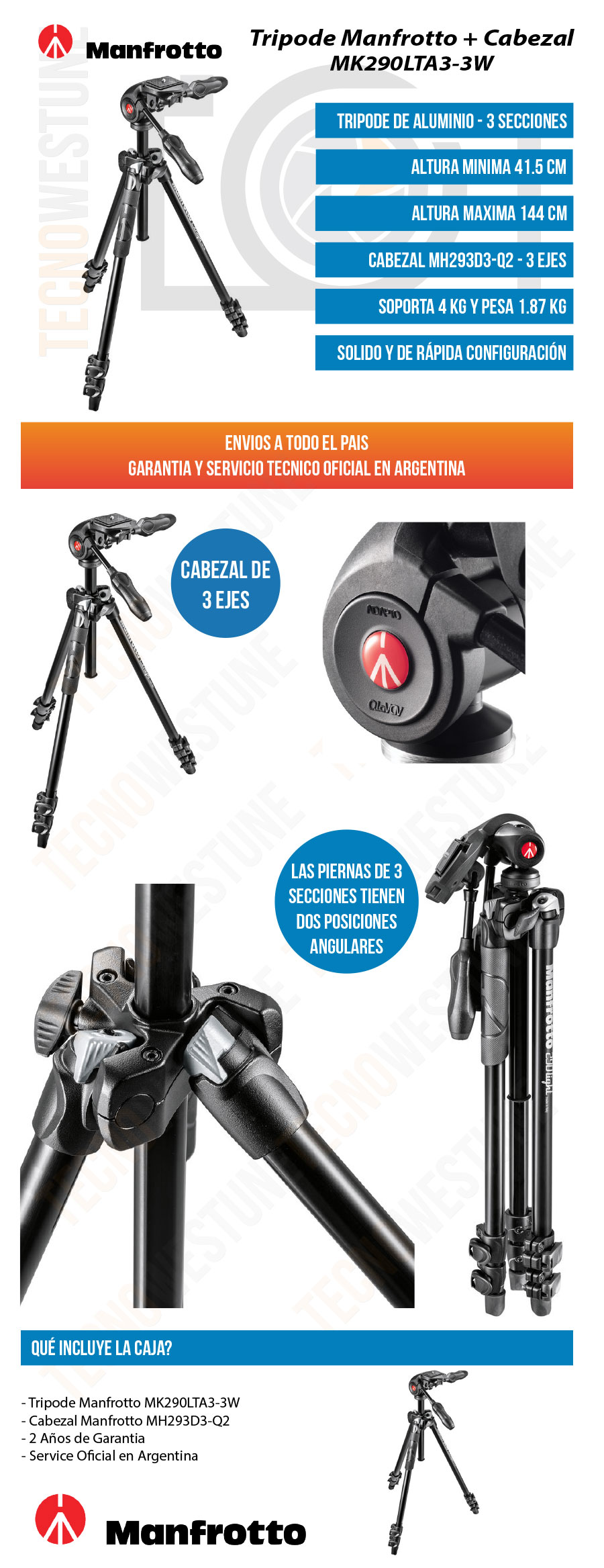 Manfrotto Kit Trípode de 3 secciones, trípode para cámara con cabezal de 3  vías en aluminio con sistema de liberación rápida de movimiento, kit de