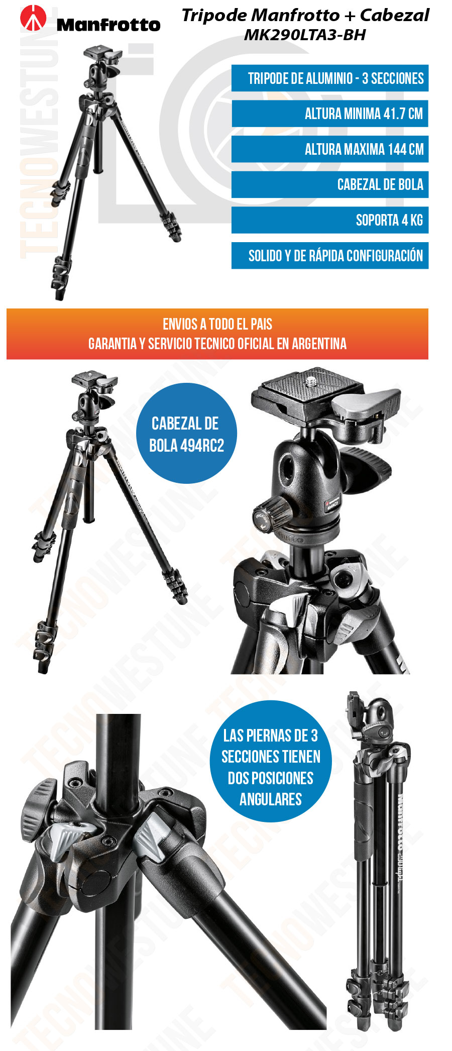 Kit Tripode Manfrotto 055xpro3 Con Cabezal Manfrotto 808rc4 - TecnoWestune  Store