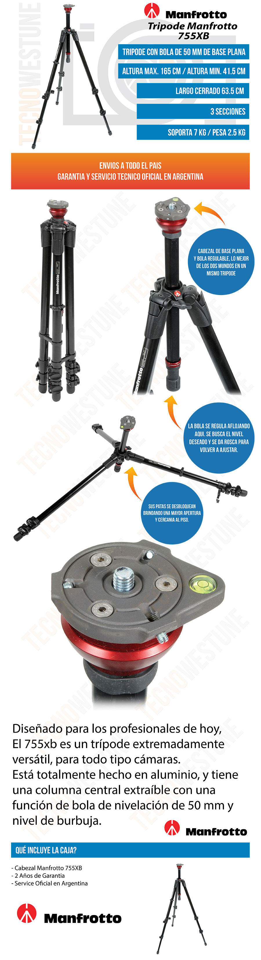 Trípode de Aluminio de 3 secciones Manfrotto MT055XPRO3