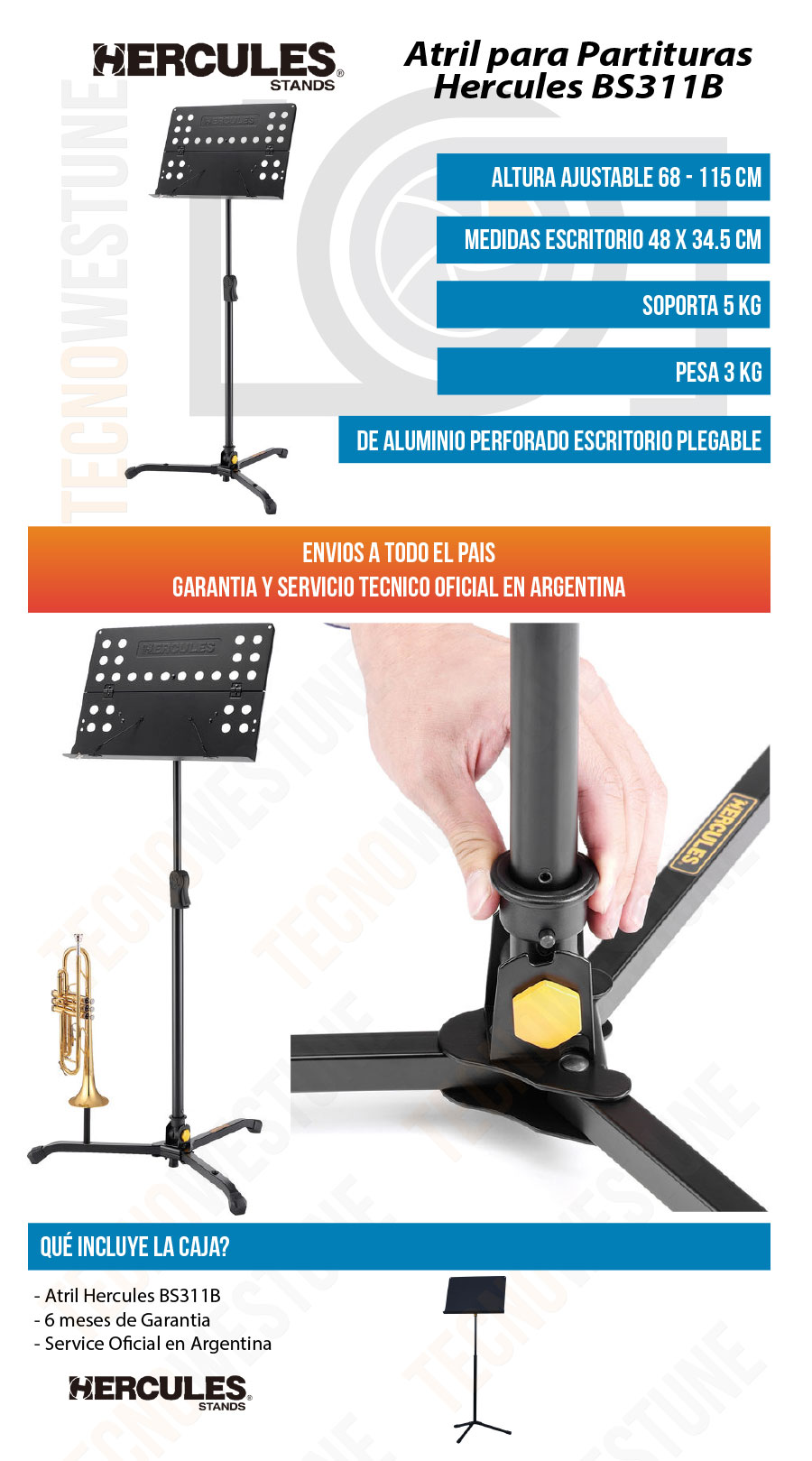 HERCULES - Atril Estudio. Bandeja reforzada. Regulacion automatica. BS301B