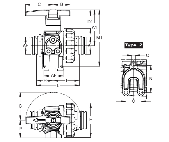 Schemi del prodotto Valvola a sfera 3 vie - Montaggio a pannello