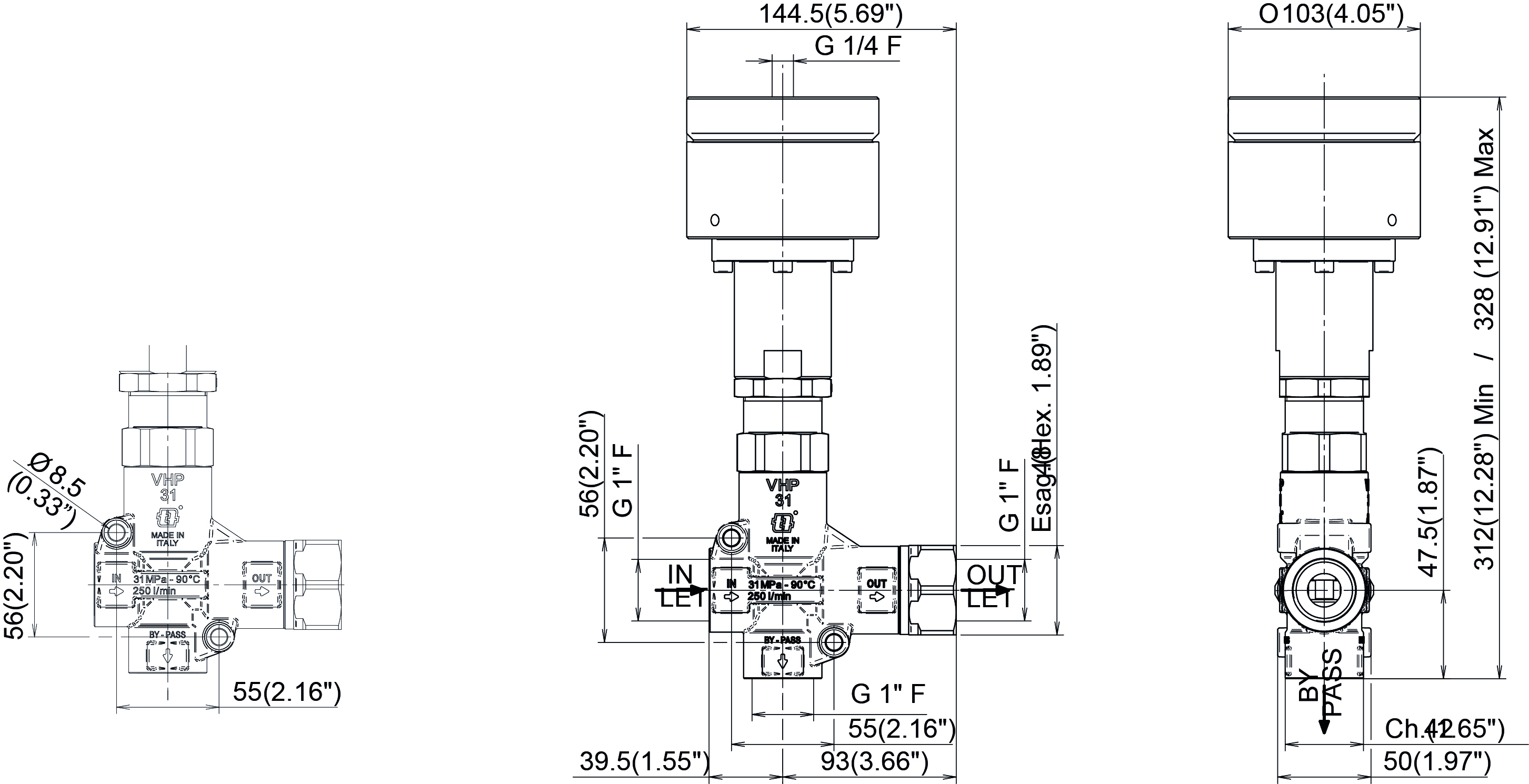 Schemes of the product VHP-PN 31/250 WITH PNEUMATIC PISTON