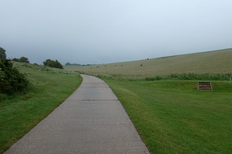A wet concrete cart path running between green fairways under a gray sky, with a curtain of rain hanging over the rolling hills beyond.
