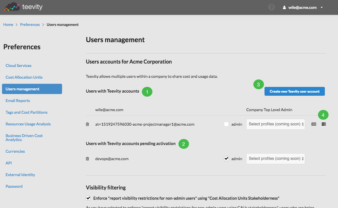 list of users for your Teevity account