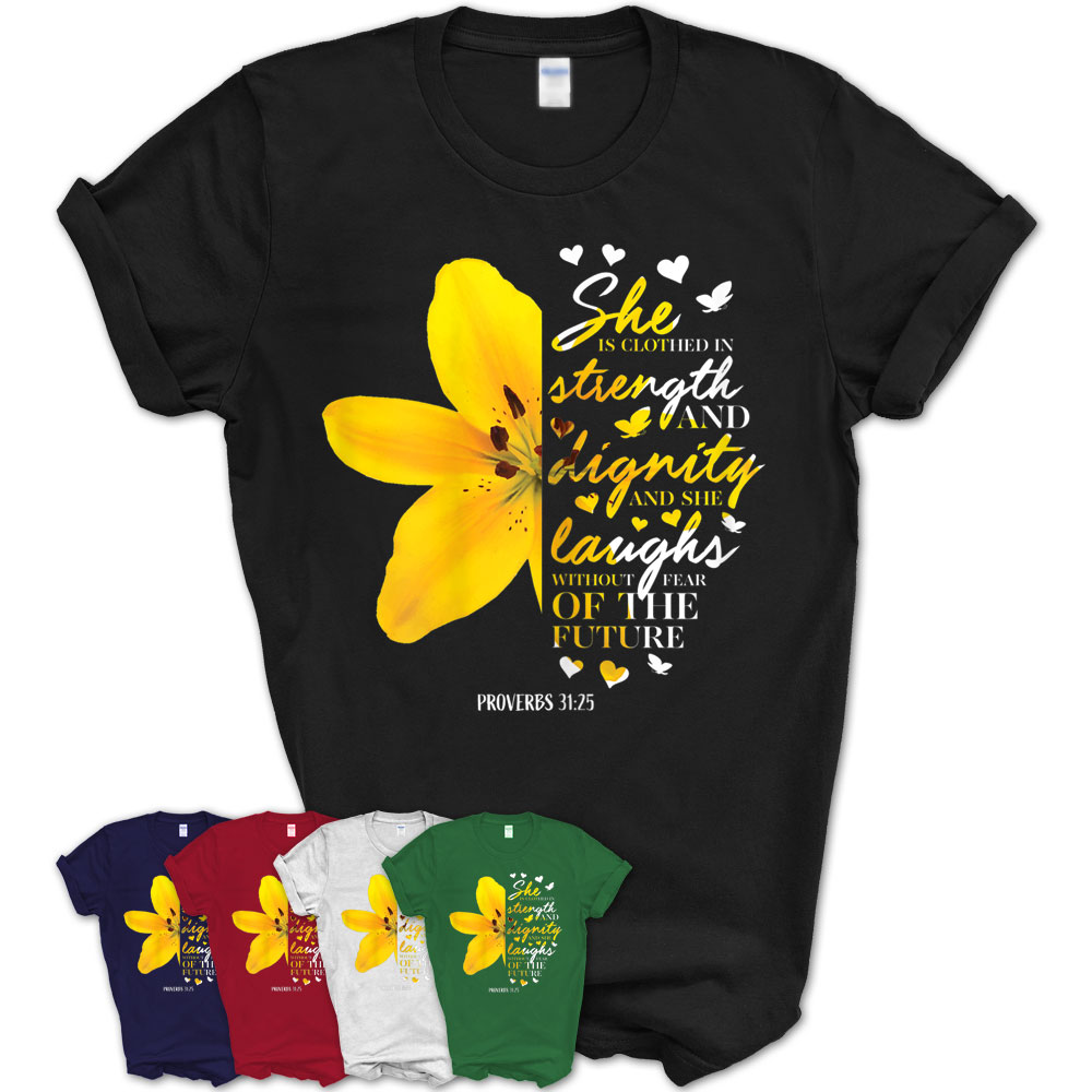 Christian Bible Verse Gifts Her Yellow Lily Flower Women Mom T-Shirt ...