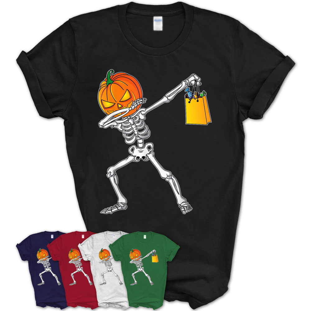 Funny Halloween Shirt For Boys Kids Dabbing Skeleton Pumpkin T-Shirt ...